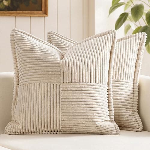 MIULEE Decorative Throw Pillow Covers for Couch Bed Livingroom 18x18 Inch Set of 2 Beige Boho Accent Throw Pllows Broadside Striped Patchwork Soft Corduroy Pillowcases - Image 1