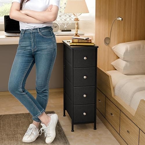 Fixwal Narrow Storage Cabinet, Small Dresser with 4 Drawers, Slim Fabric Dresser Storage for Small Spaces, Black Nightstand Side Table for Bedroom, Bathroom, Laundry, Closet, Dorm thumbnail 4