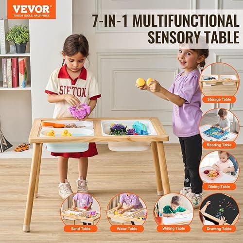 VEVOR Sensory Table for Toddlers, Kids Activity Table with 3 Foldable Storage Bins & Double-Sided Board, Indoor/Outdoor Play Sand and Water, Wooden Kids Sensory Table for Drawing Studying Dining thumbnail 4