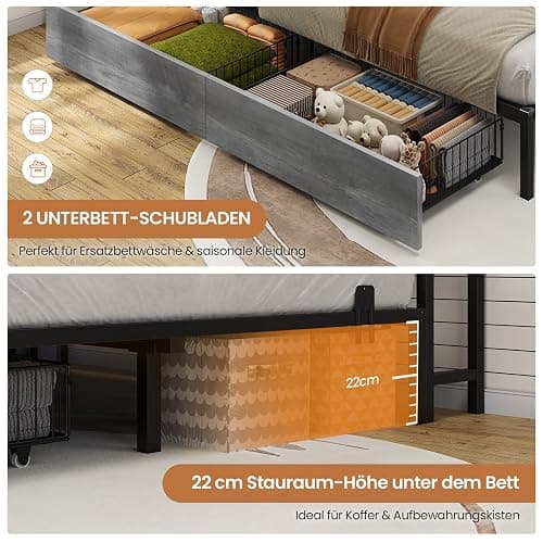 DICTAC Jugendbett 140x200 mit LED-Beleuchtung und Ladestation, Schlafsofa 140 x 200 mit stauraum-6 Staufächern und 2 Schubladen, Tagesbett mit Lattenrost aus Metall, Eichenasche | LED-Beleuchtung thumbnail 9