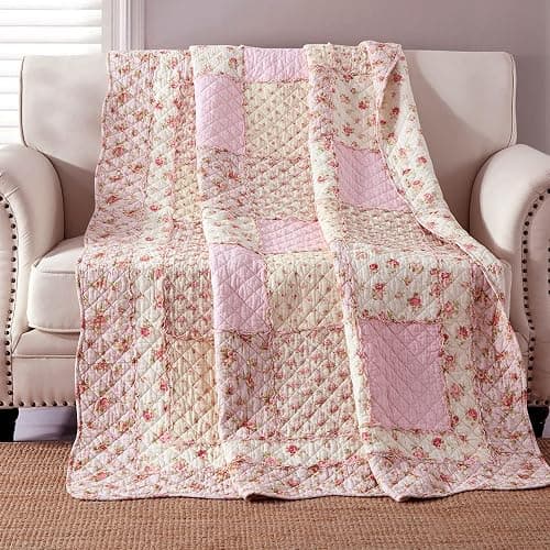 Twin Size Quilt Cotton Pink Floral Patchwork Throw Blanket for Couch Sofa Vintage Reversible Lightweight Quilted Bedspread Coverlets Flowers Quilt Soft Garden Comforter Bed Cover for Bed Home Decor thumbnail 4