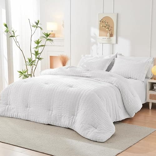 HYMOKEGE White Full Size Comforter Sets Seersucker 7 Pieces, All Season Luxury Bed in a Bag for Bedroom, Bedding Set with Comforters, Sheets, Pillowcases & Shams thumbnail 7