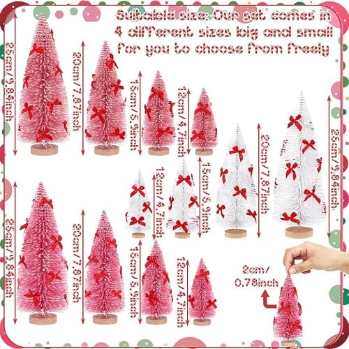Soaoo 12 Pack Bottle Brush Christmas Trees with Bow 5 6 8 10 Inches Artificial Christmas Tree Decorations with Wood Base for Winter Snow Miniature Scene Tabletop Decor(White, Pink, Dark Pink) thumbnail 3