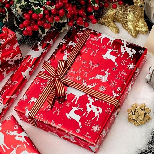 Merture Reindeer Red Christmas Wrapping Paper Roll, Metallic Red Solid Color Gift Wrap for Christmas Wedding New Year Birthday Valentines Day Mothers Day Baby Shower - Mini Roll - 17 In X 32.8 Ft(46.5 sqft) thumbnail 7