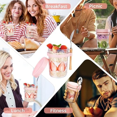HomArtist Glass Overnight Oats Containers with Lids and Spoon, 16oz Wide Mouth Mason Jars for Overnight Oats, Cereal, Yogurt, Salad Lunch Container with Measurement Marks - Pink 4 Pack thumbnail 6