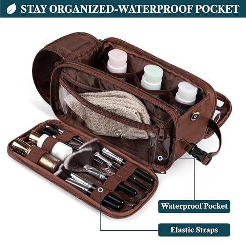 PAVILIA Toiletry Bag for Men Women, Mens Travel Bag Toiletries Organizer Case for Grooming, Travel Essentials Shaving Dopp Kit, PU Leather Water Resistant Cosmetic Pouch, Brown thumbnail 3