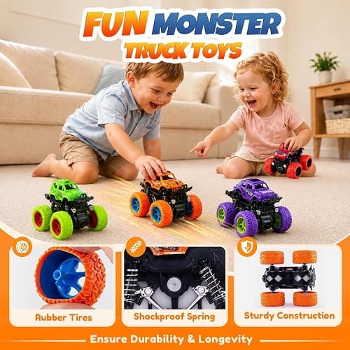 ANAOER 4 Pack Monster Trucks Toys for Boys 2 3 4 5 6 7 Year Old, Friction Powered Pull Back Car Toys for Toddlers Kids Ages 3-5 2-4 4-7, Best Birthday Christmas Party Gift for Boys and Toddlers thumbnail 4