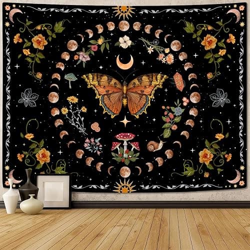 Aipon Orange Butterfly Moon Flower Tapestry Botanical Floral Plant Boho Tapestry for Bedroom Aesthetic Vintage Tapestries Wall Hanging for Living Room Dorm (36.00" x 48.00", Orange) thumbnail 4