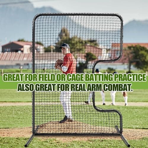 Seenelling Standard C Shaped Pitching Screen Softball Baseball Screen Softball Pitcher Pitching Machine Protector with Carry Bag, 7'H x 5'W 45 Ply Netting with 3'' x 18'' Cutout 1.5'' Diameter Frame thumbnail 4