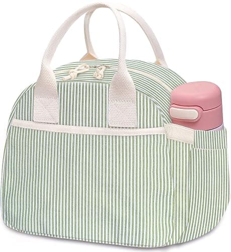 Carry bloom Lunch Box for Women, Insulated Lunch Bag Cute Corduroy Lunchbag Reusable Lunchbox for Work (1 brown white stripes) thumbnail 9