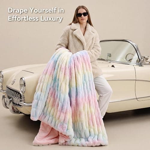 Smoofy Rainbow Throw Blanket for Couch – Luxury Faux Rabbit Fur Blanket, Ultra Soft Fluffy Plush Fuzzy, Lightweight Warm Cozy Blanket for Bed Sofa, Colorful Aesthetic Room Decor Gift for Women 50"x60" thumbnail 2