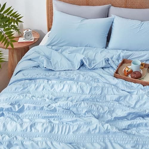 Cozy Bliss Seersucker Cooling Comforter Queen Size, Q-Max 0.45 Reversible Lightweight Cooling Blanket, Breathable Silk Smooth Summer Bedding Quilt for Hot Sleepers Night Sweats Cold Blue thumbnail 6