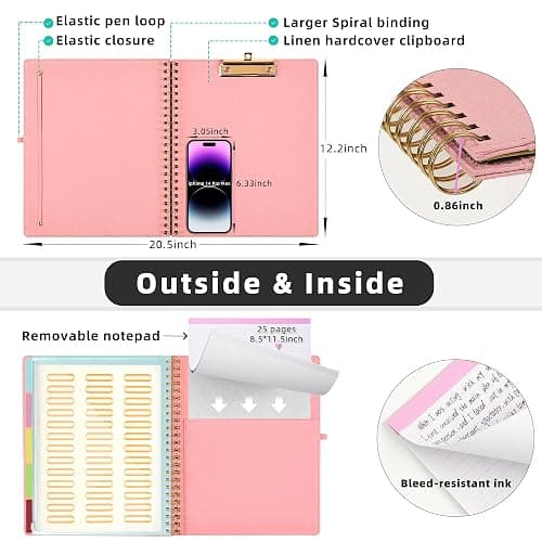 Ospelelf Pink Foldable Spiral Clipboard Folio with Storage Zipper Pouch, 5 Plastic Folders with 10 Pockets,Refillable Lined Notepad (11" x 8.5"), Hardcover Project Organizer with 39 Stickers thumbnail 3