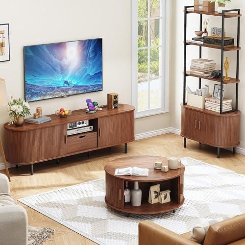 ONBRILL 69" TV Stand with Power Outlet for TVs up to 80", Entertainment Center with Storage and Drawer, TV Console with Adjustable Shelves and Sliding Door, TV Stand for Living Room, Bedroom, Walnut thumbnail 7