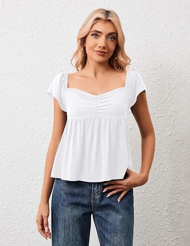 HOCANDY Womens Flowy Peplum Tank Tops Ruffle Sleeve Babydoll Tank Top Sweetheart Neck Smocked Back Short Sleeve Going Out Top thumbnail 3