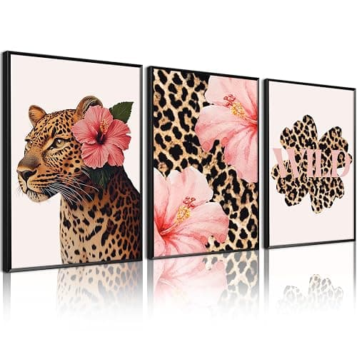 Trendy Leopard Wall Art Pink Cheetah Print Room Decor Leopard Flower Canvas Wall Decor Cheetah Aesthetic Poster Girly Pink Preppy Picture Funky Y2k Artwork for Girl Bedroom 12x16x3 Inch Unframed - Image 1