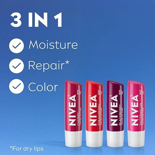 NIVEA Lip Care, Fruity Tinted Lip Balm Variety Pack, Cherry, Strawberry, Blackberry and Watermelon Flavors, 3-in-1 Moisture, Repair and Color, 0.17 Oz Stick, Pack of 4 thumbnail 3