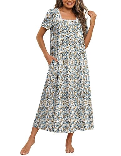 Ekouaer Cotton Long Nightgowns for Women Vintage House Dress with Pockets | Short Sleeve Casual Night Gown Lace Victorian Nightshirt Plus Size Moo Moos Sleepwear Full Length Soft Pajama Mumu Dress - Image 1