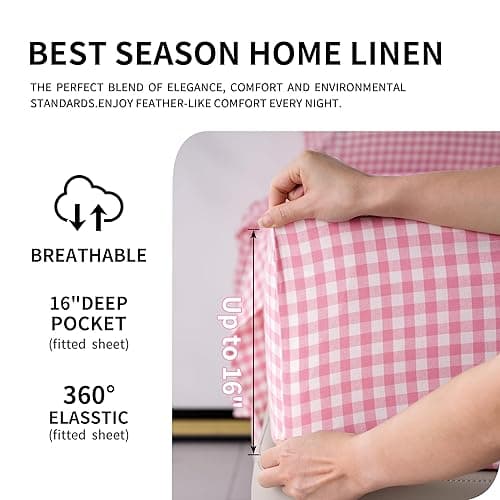 Cotton Checkered Queen Size Sheets Set 3 Piece, Pink Gingham Bed Sheet 100% Cotton Luxury, Breathable & Cooling Sheets Queen Size Bed Set Deep Pockets Upto 16" Pink & White Plaid Sheets - Checkered Pink - Queen thumbnail 4