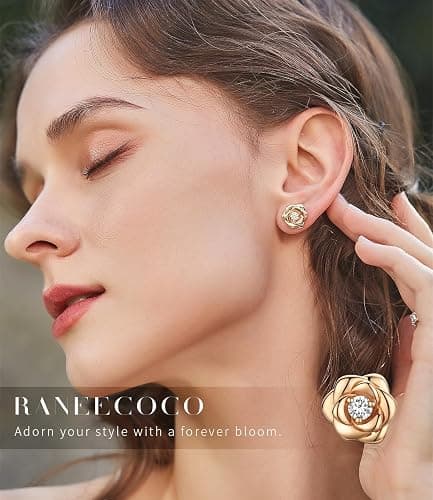 Gold Plated Sterling Silver Rose Flower Earring Studs, Hypoallergenic & Nickel Free Earrings for Women thumbnail 2