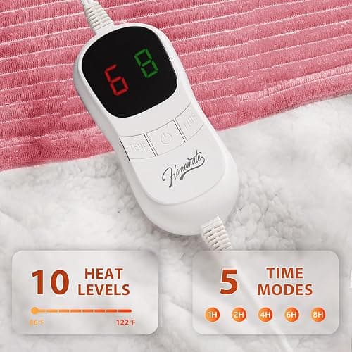 Homemate Heated Blanket Electric Throw - 50"x60" Heating Blanket Throw 1/2/4/6/8 Hours Auto-Off 10 Heat Levels Over-Heat Protection Soft Flannel Sherpa ETL Certification thumbnail 3