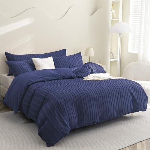 **JELLYMONI Duvet Cover Full Size Navy Blue - 3PCS Boho Striped Duvet Cover Set Polyester Tufted Bohemian Textured Comforter Cover with Corner Ties & Zipper Closure thumbnail 2