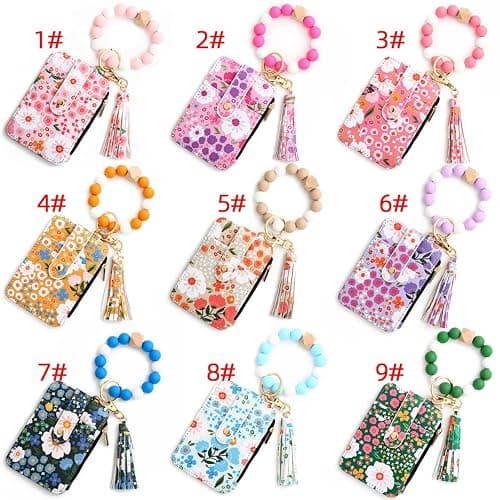 Women's Boho Beaded Wallet with Flower Pattern, Women Boho Style Beaded & Tassel Decorated Keychain, Credit Card Holder Purse (Rose red) thumbnail 4