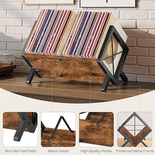 YATINEY Vinyl Record Holder, Record Storage Rack Holds 80-100 LP，Wooden and Metal Record Organizer, Quick Assembly Magazine Holder for CDs, Magazine, Albums, Rustic Brown and Black CJ06BR thumbnail 5