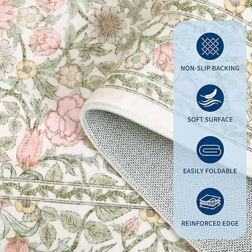 *BOUGHT, Heather* GarveeHome Pink and Green Vintage Floral Washable Rugs 8x10 for Living Room Boho Retro Botanical Rug Low Pile Stain Resistance Non Slip Carpet for Bedroom Nursery Dining Room - Image 1