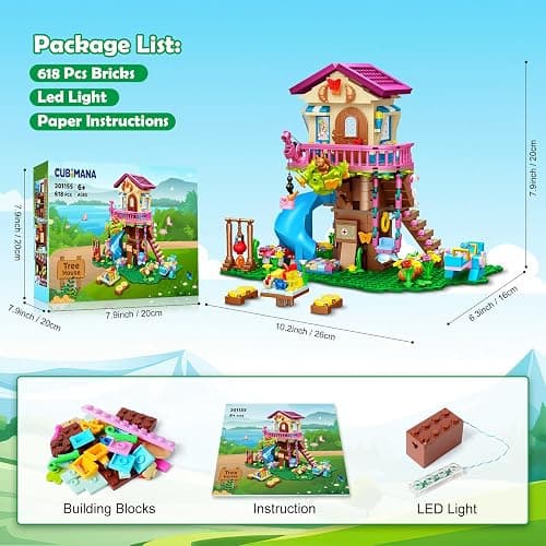 CUBIMANA Treehouse Building Toys with LED Light - 618 Piece Tree House Building Set, 3-Storey Up House with Slide & Stickers, Ages 6-12 thumbnail 3