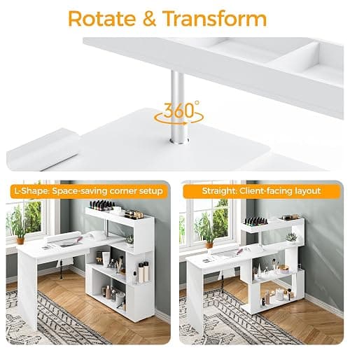 HolaiNail Manicure Table, L-Shaped Nail Tech Desk with Dust Collector, Reversible Rotating Table & Storage Shelf, Acetone Resistant Beauty Salon Station, White thumbnail 5