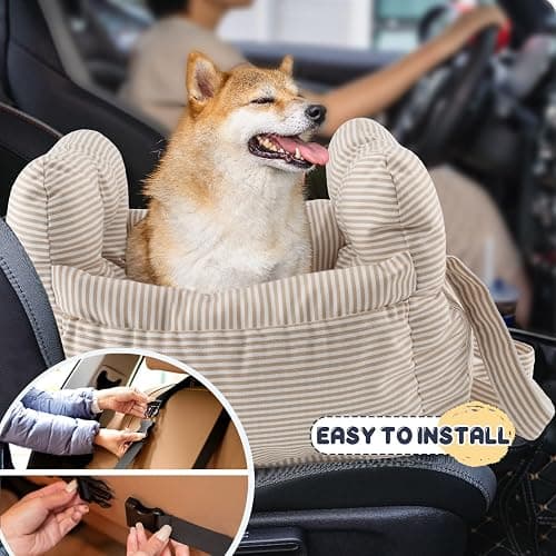 PETNEX Dog Car Seat for Small Dogs, Portable Puppy Car Seat of Easy Installation, Fashionable Pet Carrier Bag with Large Pockets, Machine Washable Dog Booster Seat (Striped Khaki) thumbnail 4