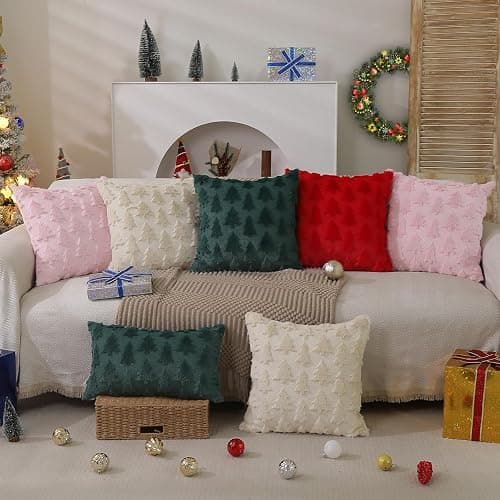 DFXSZ Christmas Tree Pillow Covers 18x18 inch Set of 2 Christmas Decoration Beige Soft Plush Faux Fur Jacquard Throw Pillows for Bedroom Sofa Holiday Festivals Winter Home Decor PTK006C18 thumbnail 6