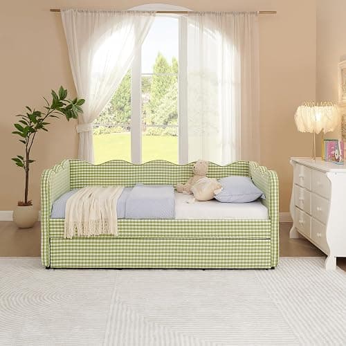 KEIKI Twin Size Upholstery Daybed with Trundle and USB, Twin to King Design Adorable Wave Shaped Extendable Linen Sofa Bed, Easy Assembly, No Box Spring Required, for Living Room and Bedroom, Green thumbnail 4