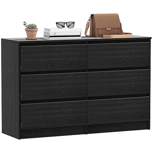 HOMCOM 6 Drawer Dresser for Bedroom, Wide Chest of Drawers, Modern Clothes Storage Organizer for Living Room, Hallway, Black - Image 1