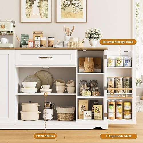 HOSTACK Kitchen Island Cart with Storage, 47'' Kitchen Storage Island on Wheels with 2 Drawers, Rolling Island Table with Adjustable Shelves, Mobile Buffet Sideboard Cabinet for Dining Room, White thumbnail 6