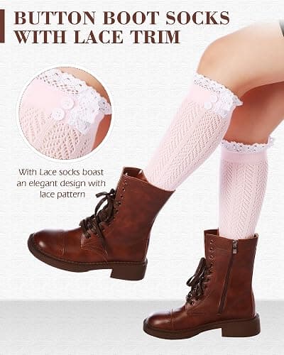 Syhood 2 Pair Long Button Boot Socks with Lace Trim Knit Boot Stockings Knee High Socks for Women Oktoberfest German Dirndl thumbnail 5