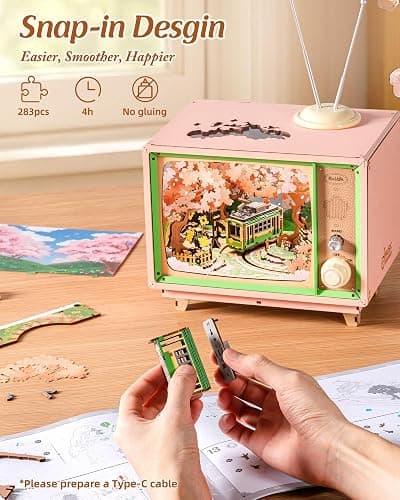 Rolife 3D Wooden Puzzles for Adults DIY Book Nook Kit 16" Japanese Cherry Blossom Music Box Toy Building Set Home Decor Gifts for Girls Boys Adults (Sakura Dreamy Tour) thumbnail 5