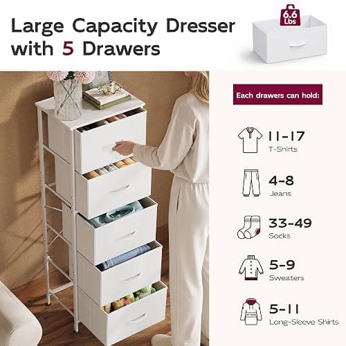WLIVE Tall Dresser for Bedroom, 5 Drawer Dresser, White | 5 vertical fabric drawers, Tall vertical design, Bedroom or closet use, Dresser for small spaces, Chest of drawers thumbnail 6