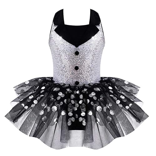 inlzdz Girls Kids Sequins Straps Back Tuxedo Leotard Tutu Dress Ballet Jazz Latin Modern Dance Performance Circus Costume - Image 1