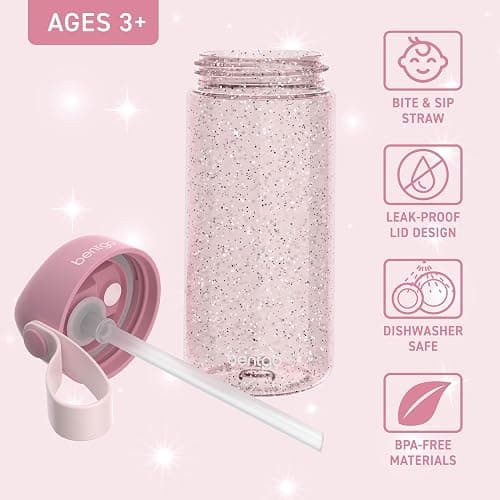 Bentgo Kids Water Bottle - Leak-Proof, Durable Tritan, BPA-Free 15 oz. Cup for Kids/Toddlers Ages 3+, Bite & Sip Spout, Carrying Handle, & Dishwasher Safe for School (Glitter Edition - Petal Pink) thumbnail 4