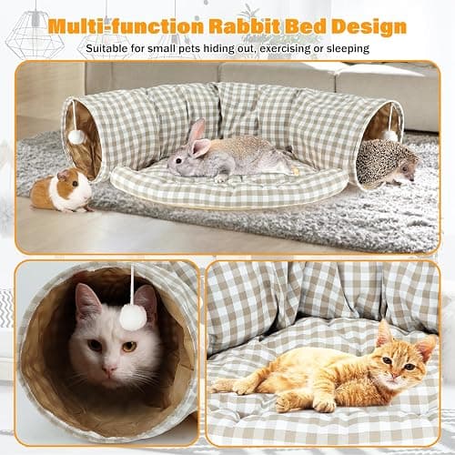 BWOGUE Bunny Tunnel Bed, 2-in-1 Collapsible Tunnel Tubes Toys with Removable Mat Hideout for Cats Kittens Rabbits Guinea Pigs Kitty thumbnail 4