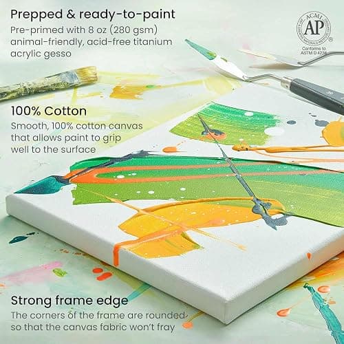 ARTEZA Stretched Canvas Multipack of 10 – 4x4, 5x7, 8x10, 9x12, 11x14 Inch Blank White Canvases for Acrylic, Oil, Gouache – Cotton, Pre-Primed thumbnail 4