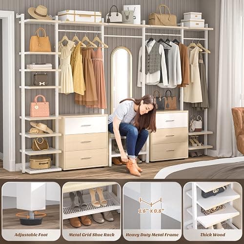 Aheaplus 8FT Closet Organizer Systems with 6-Drawers, 96'' Wood Closet Organizer with Storage for Walk in Closets, Clothing Rack Wardrobe Closet Garment Rack for Hanging Clothes, Bedroom, White Oak thumbnail 3