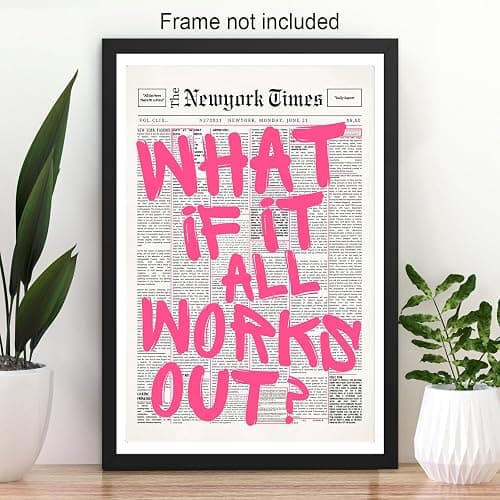 Retro Newspaper Pink Font Canvas Wall Art What If It All Works Out Poster Positive Affirming Quote Minimalist Canvas Prints Painting For Home Bedroom Dorm Wall Decor 12x16in Unframed thumbnail 4