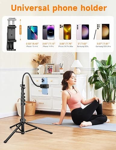 Phone Tripod, 86" Tall Tripod for iPhone with Flexible Gooseneck & Remote, Portable Aluminum Cellphone Stand for Selfies, Video Recording,Travel, Compatible with iPhone Android thumbnail 4