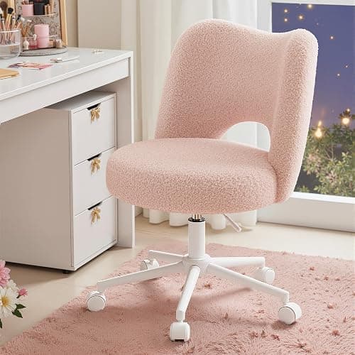 DurayLoly Vanity Chair with Wheels Pink,Cute Vanity Chair with Back,Ultra-Plush Fleece Cute Desk Chair, Small Office Chair Height Adjustable,for Make-up Room,Bedroom - Image 1