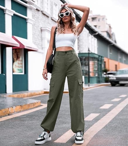 ZMPSIISA Women High Waisted Cargo Pants Wide Leg Casual Pants 6 Pockets Combat Military Trousers thumbnail 2