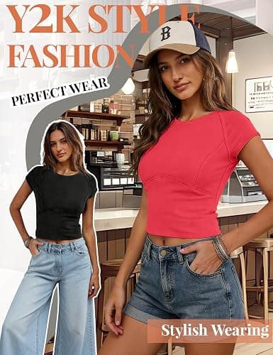 Aimiray Crop Tops for Women Short Sleeve Basic Baby Tee Y2K Top 2 Pack Fitted Cotton Summer Slimming Workout T Shirts Trendy thumbnail 2