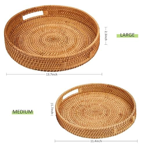 Whalehub Round Rattan Serving Tray with Handles, Hand Woven Basket, Home Decor Organizer Tray for Breakfast, Tea, Snack, Fruit, Coffee,Storage (Medium)(11.9inchX1.7inch) thumbnail 3